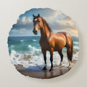 Stunning Brown Horse On The Beach, Round Pillow
