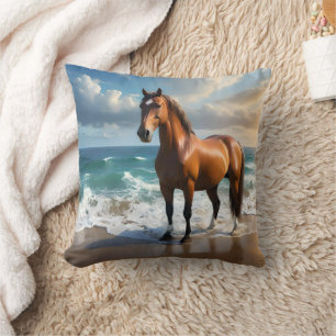 Stunning Brown Horse On The Beach, Throw Pillow