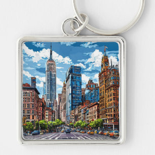 Stunning City Streetscape with Iconic Tall Buildin Keychain