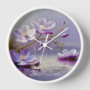Stunning Colourful Purple Flowers Custom Name Clock
