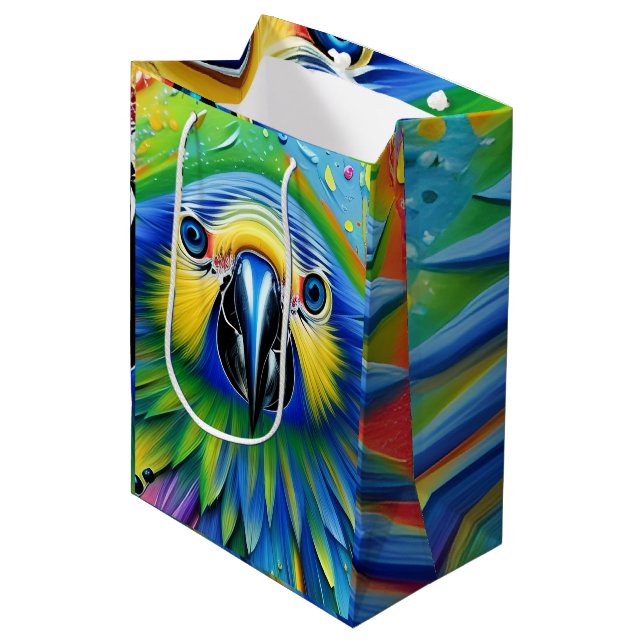 Stunning Colourful Splatter Paint Parrot Medium Gift Bag (Front Angled)