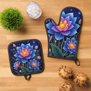 Stunning Cosmic Floral Dreams Design Oven Mitt & Pot Holder Set