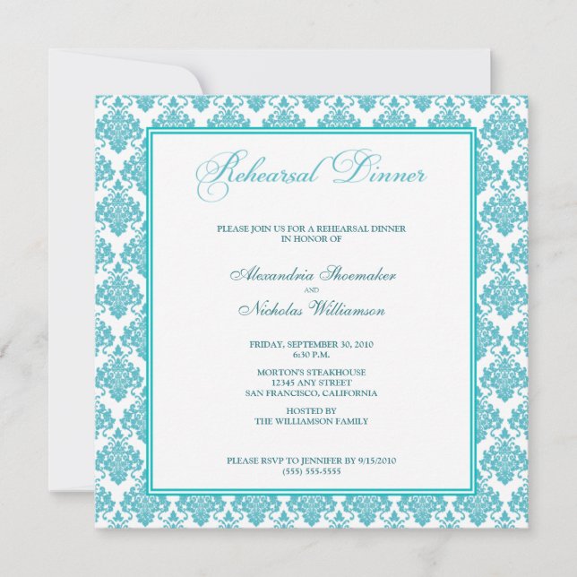 Stunning Damask Rehearsal Dinner Invite (aqua) (Front)