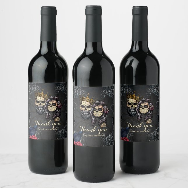 Stunning dark gothic wedding design with skulls  wine label (Bottles)