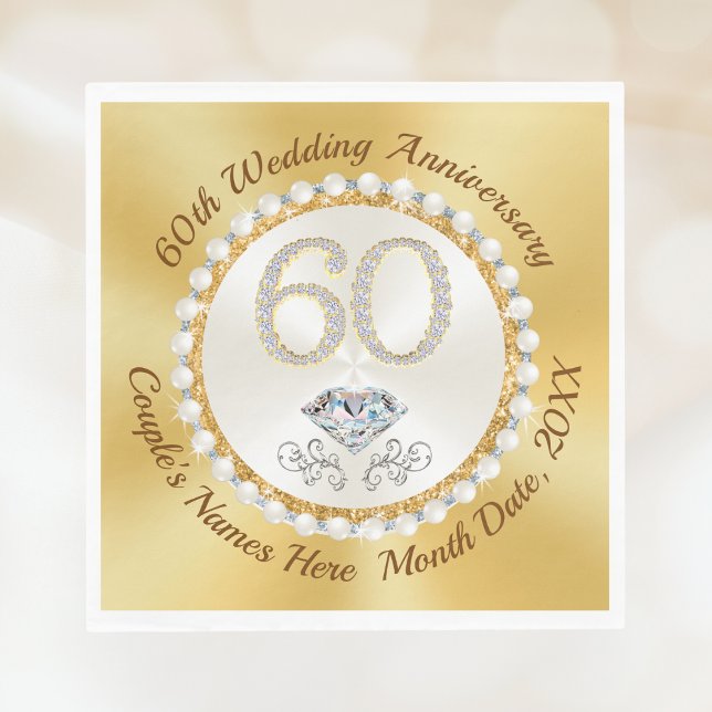 Stunning Diamond, 60th Wedding Anniversary Napkins (60th wedding anniversary napkins. Diamond anniversary napkins. Transfer to paper plates and napkin)