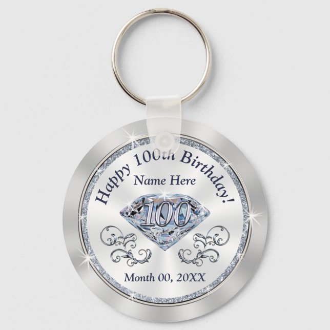 Stunning Diamond Cheap 100th Birthday Party Favour Keychain (Front)