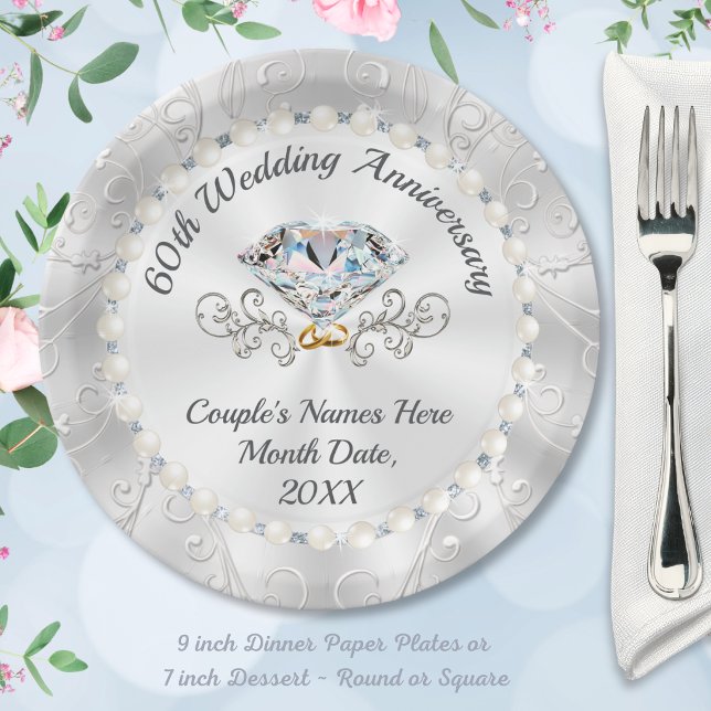 Stunning, Diamond Paper Plates, PERSONALIZED Plate (60th anniversary plates and napkins (for napkins TRANSFER design). 60th anniversary paper plates.)