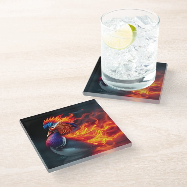 Stunning Flame-boyant Firebird Hot Mandarin Duck Glass Coaster (Angled)