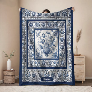 Stunning floral Blue toile de jouy monogram Fleece Blanket