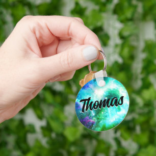 Stunning Galaxy Nebula Green Aqua Blue Custom Name Keychain