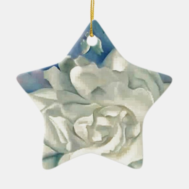 Stunning Georgia O'Keefe White Rose and Larkspur Ceramic Ornament (Front)