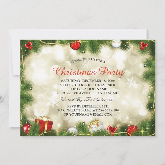 Stunning Gold Red Baubles Lights Christmas Party Invitation (Front)
