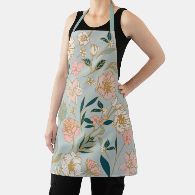 Stunning Green Pink Flower Pattern Apron (Insitu)