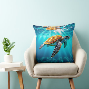 Stunning Green Sea Turtle in Sunlit Ocean Waters Throw Pillow