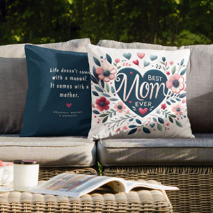 Stunning Heart & Floral 'Best Mom Ever' Throw Pillow