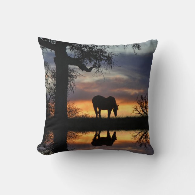 Stunning Horse Reflected in Water Sunset Throw Pillow (Front)