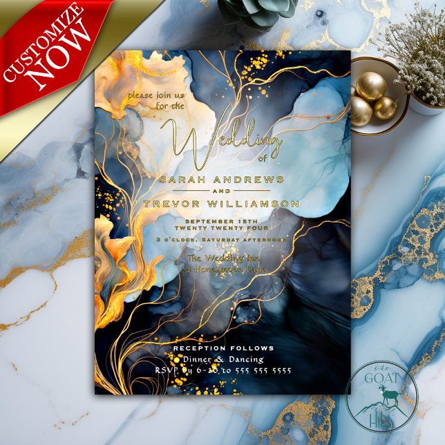 Stunning Indigo Blue and Gold Abstract (Real Gold Foil Accents - Easy to customize template )