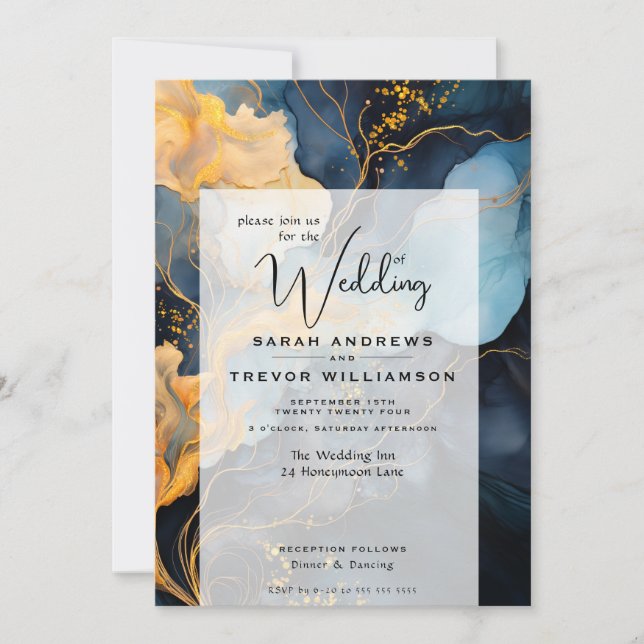 Stunning Indigo Blue and Gold Abstract Invitation (Front)