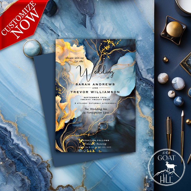 Stunning Indigo Blue and Gold Abstract Invitation (Easy to Customize)