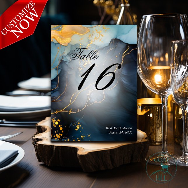 Stunning Indigo Blue and Gold Abstract Table Number (Easy to customize )