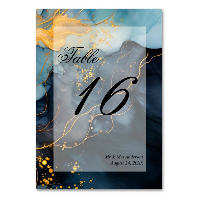 Stunning Indigo Blue and Gold Abstract Table Number (Front)