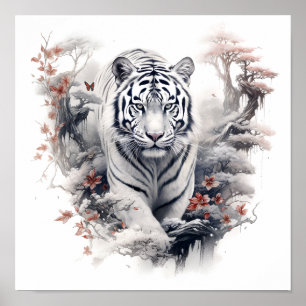 Stunning Japanese style art white tiger print