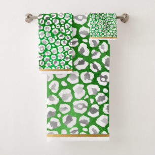 STUNNING LEOPARD GREEN WHITE GOLD BATHROOM TOWEL