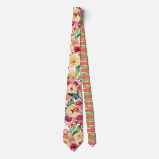 Stunning Lime Peach Pink Floral Print Wedding Tie (Front)