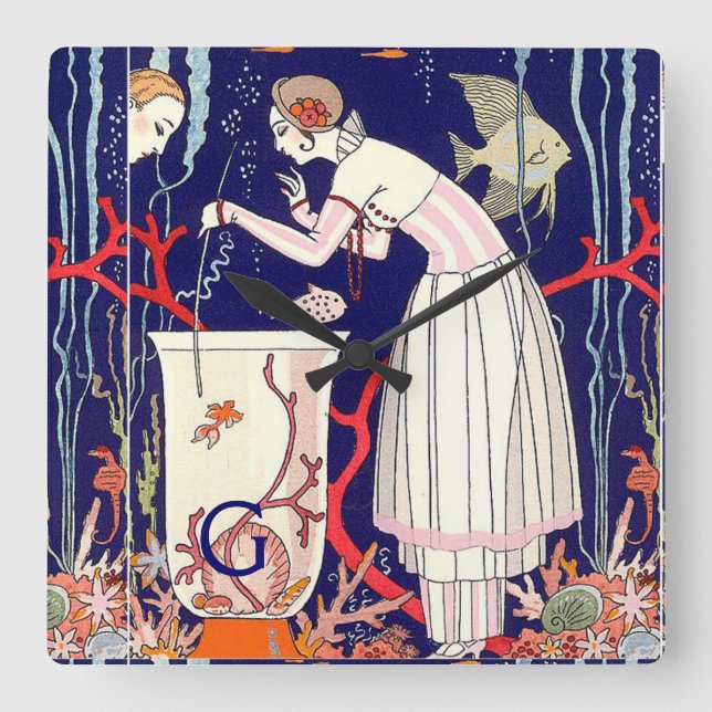 STUNNING LITTLE FISH , BEAUTY FASHION MONOGRAM SQUARE WALL CLOCK (Front)