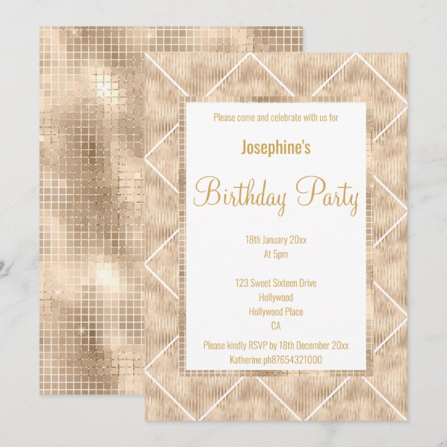STUNNING METALLIC CHAMPAGNE & GOLD CUSTOM BIRTHDAY INVITATION (Front/Back)