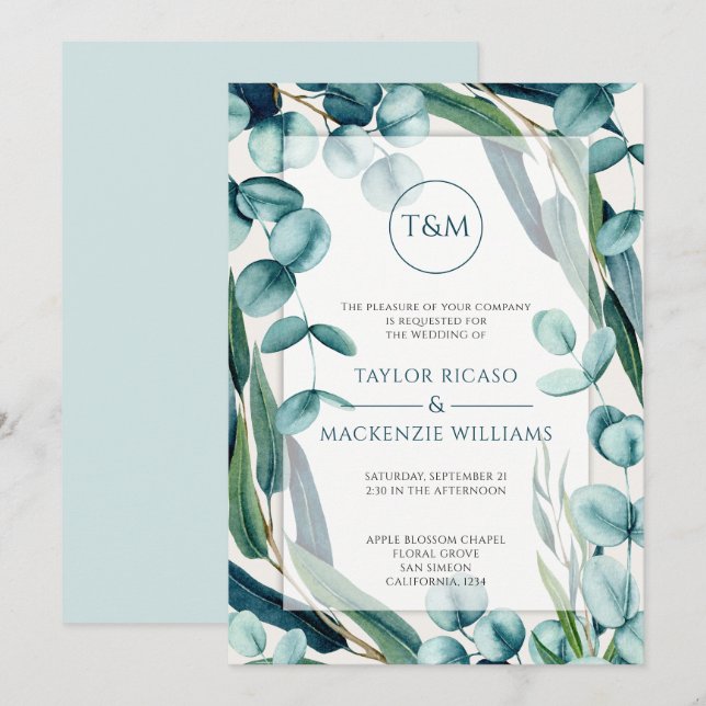 Stunning Modern Monogram Eucalyptus Wedding Invitation (Front/Back)