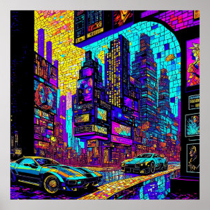 Stunning Mosaic Stained Glass Neon Cyberpunk City Poster