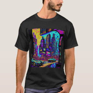 Stunning Mosaic Stained Glass Neon Cyberpunk City T-Shirt