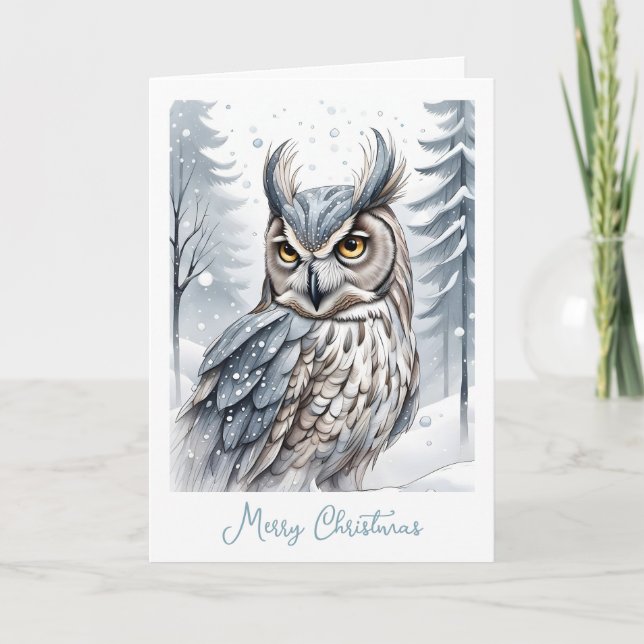 Stunning Owl in Snow Christmas Holiday Card (Front)