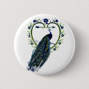 Stunning Peacock and ornate heart flower frame 2 Inch Round Button