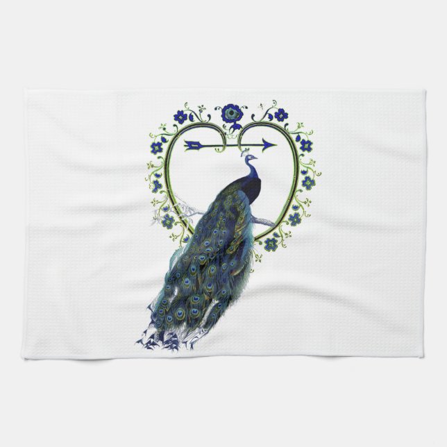 Stunning Peacock and ornate heart flower frame Kitchen Towel (Horizontal)
