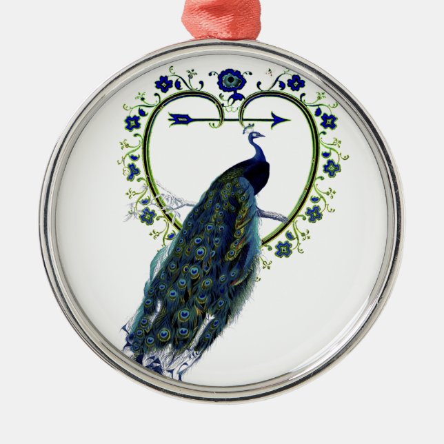 Stunning Peacock and ornate heart flower frame Metal Ornament (Front)
