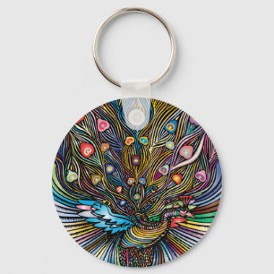 Stunning Peacock in Huichol Style Art Keychain