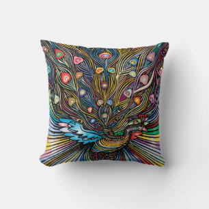 Stunning Peacock in Huichol Style Art Throw Pillow