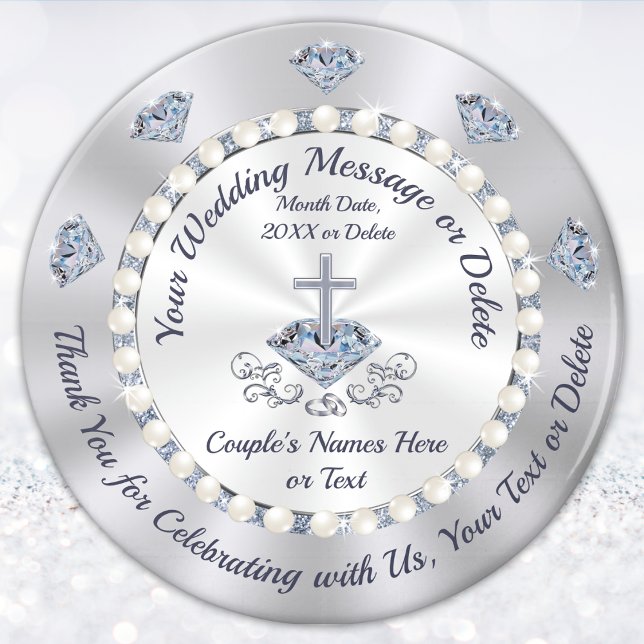 Stunning Personalized, Christian Wedding Favours Magnet (Christian wedding favors for Guests. Diamond Theme Christian Wedding Ideas. Silver and White. Cross )