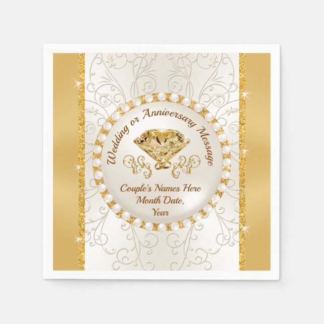 Stunning Personalized Ivory Golden Wedding Napkins (Front)
