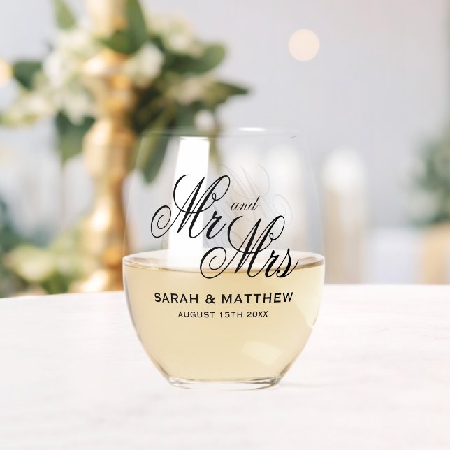 Stunning personalized Mr and Mrs wedding Stemless Wine Glass (Insitu (Wedding))