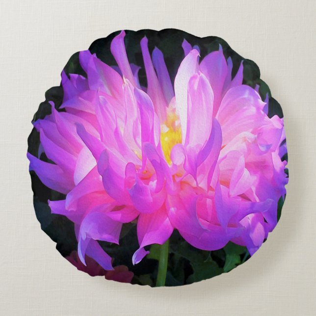 Stunning Pink and Purple Cactus Dahlia Round Pillow (Front)