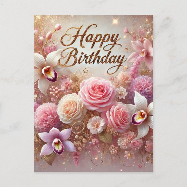 Stunning Pink Floral Birthday Postcard (Front)