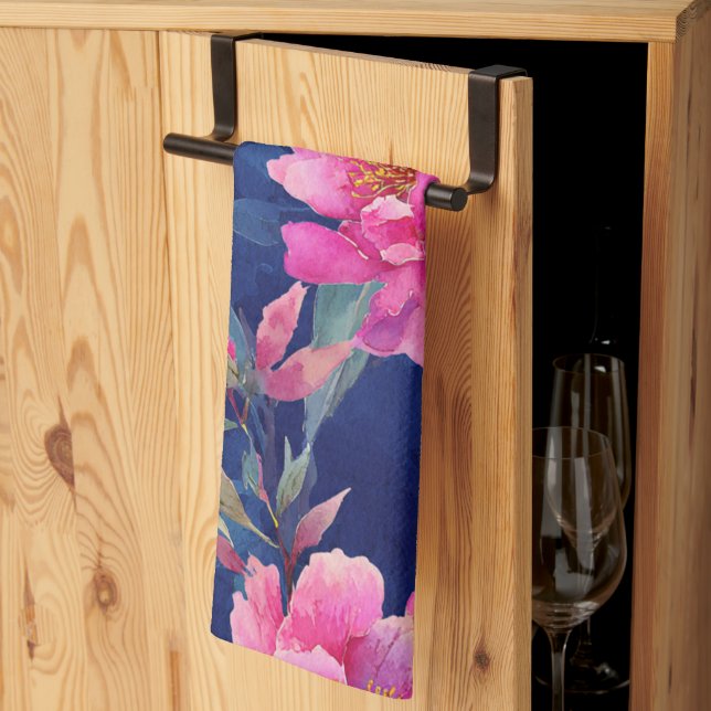 Stunning Pink Floral Bloom Monogrammed Kitchen Towel (Thirds Fold)