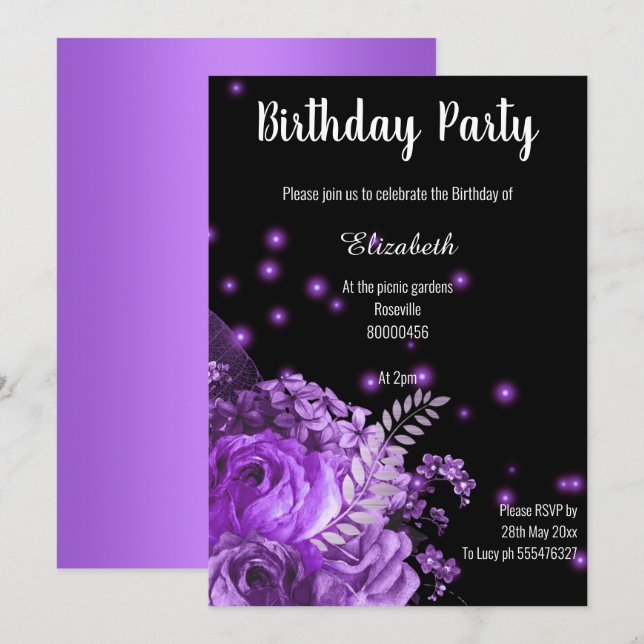 STUNNING PURPLE BLACK FLORAL GARDEN BIRTHDAY 2 INVITATION (Front/Back)