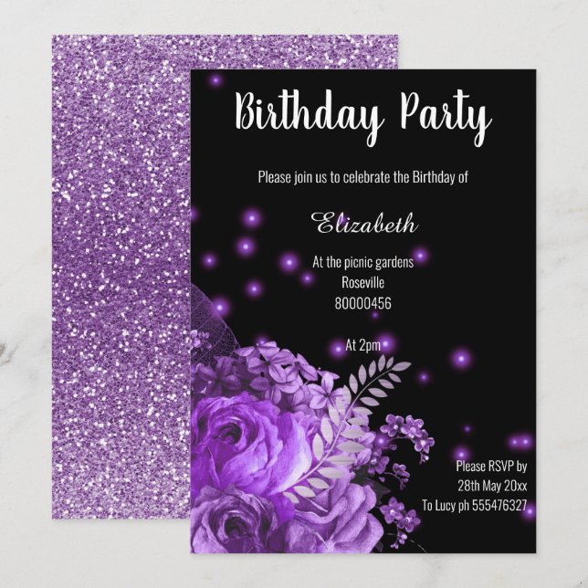 STUNNING PURPLE BLACK FLORAL GARDEN BIRTHDAY INVITATION (Front/Back)