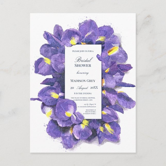 Stunning Purple Irises Watercolor Bridal Shower Invitation Postcard (Front)