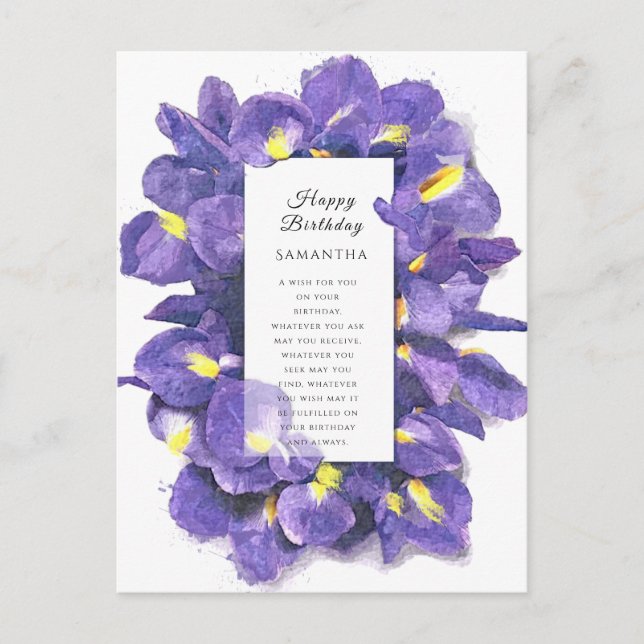 Stunning Purple Irises Watercolor Floral Birthday Postcard (Front)