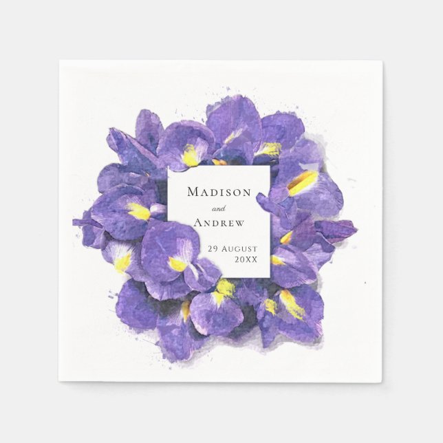 Stunning Purple Irises Watercolor Floral Wedding Napkin (Front)